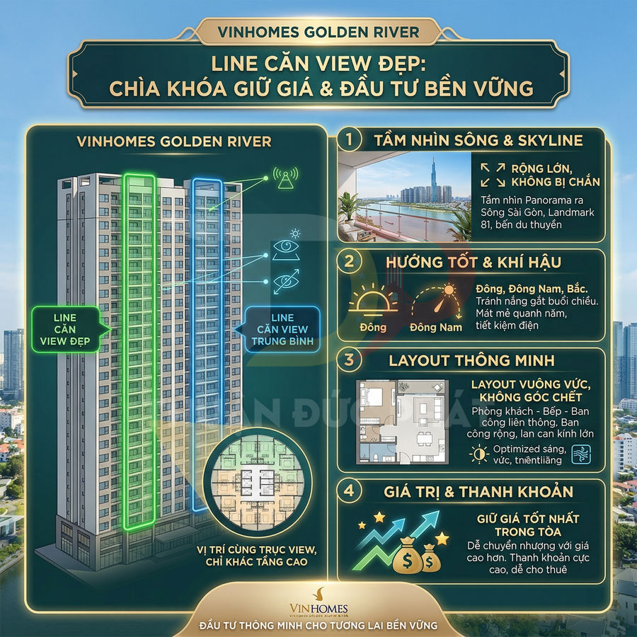 Infographic giới thiệu căn hộ view đẹp dự án Vinhomes Golden River với tầm nhìn sông, layout thông minh và giá trị đầu tư