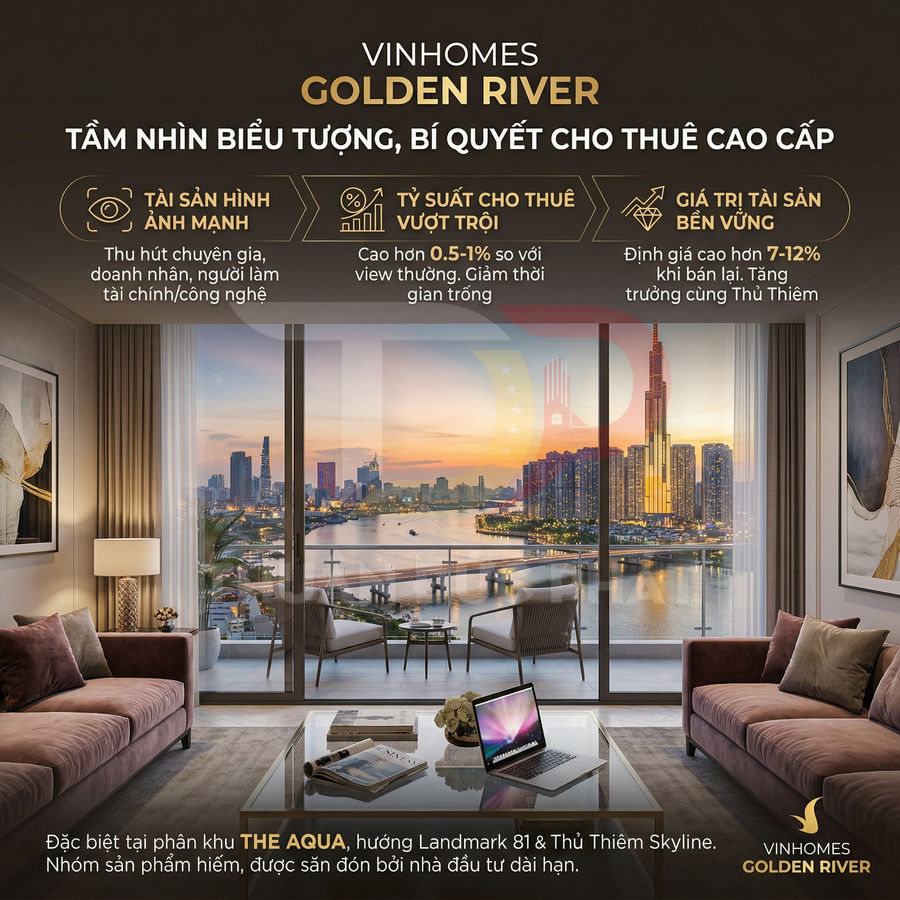 Căn hộ cao cấp Vinhomes Golden River với phòng khách sang trọng và view sông Sài Gòn, Landmark 81