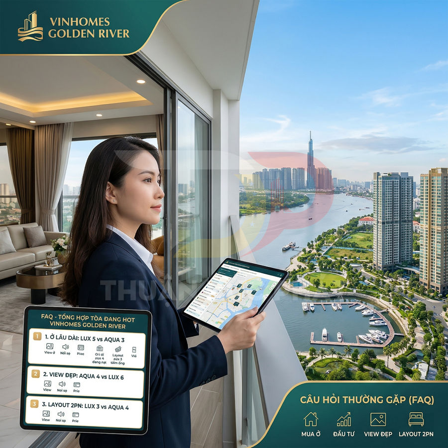 Nhân viên tư vấn cầm iPad giới thiệu căn hộ Vinhomes Golden River view sông và bến du thuyền