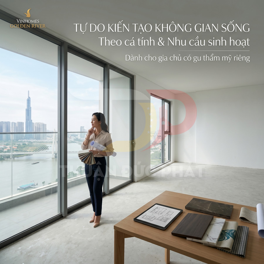 Căn hộ Vinhomes Golden River trống với cửa kính lớn, kiến trúc sư tư vấn thiết kế nội thất bên trong