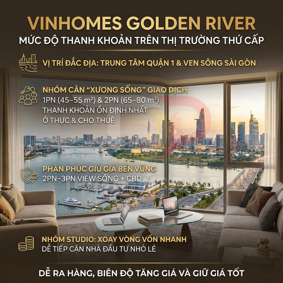 Căn hộ Vinhomes Golden River view sông Sài Gòn và trung tâm thành phố, bàn làm việc đặt laptop trong phòng khách