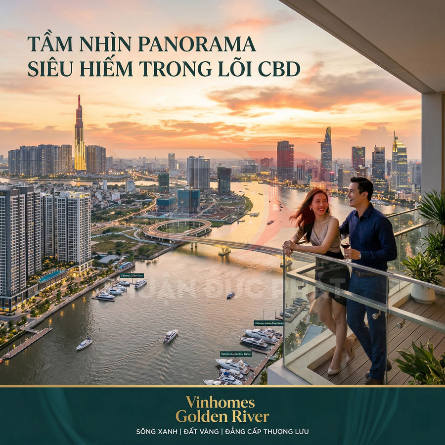 Căn hộ cao cấp Vinhomes Golden River với ban công view sông Sài Gòn và trung tâm thành phố lúc hoàng hôn