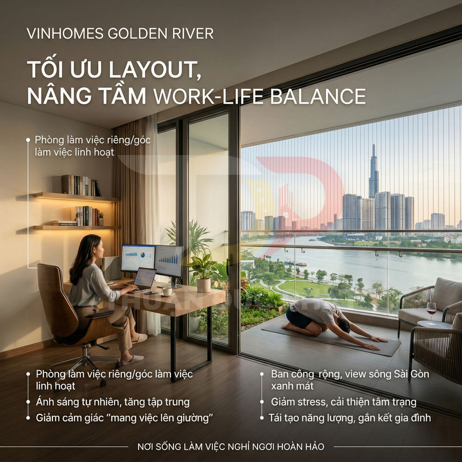 Căn hộ Vinhomes Golden River với góc làm việc tại nhà và ban công rộng nhìn ra sông Sài Gòn