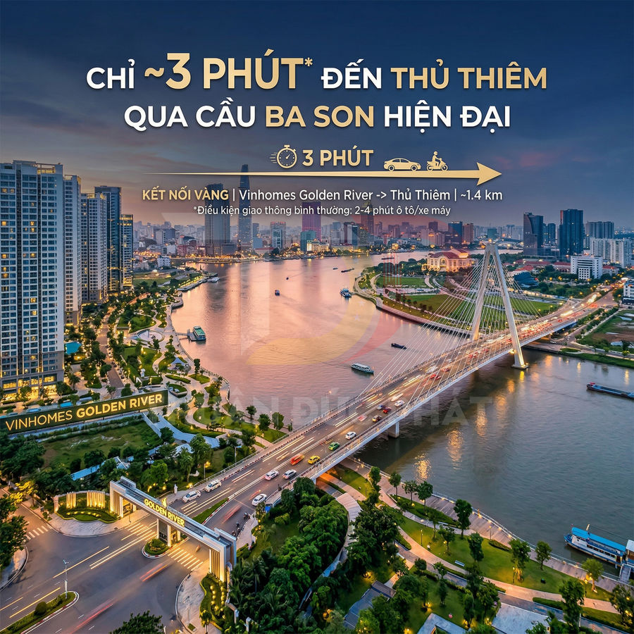 Vinhomes Golden River nhìn từ trên cao với cầu Ba Son hiện đại nối sang Thủ Thiêm ban đêm