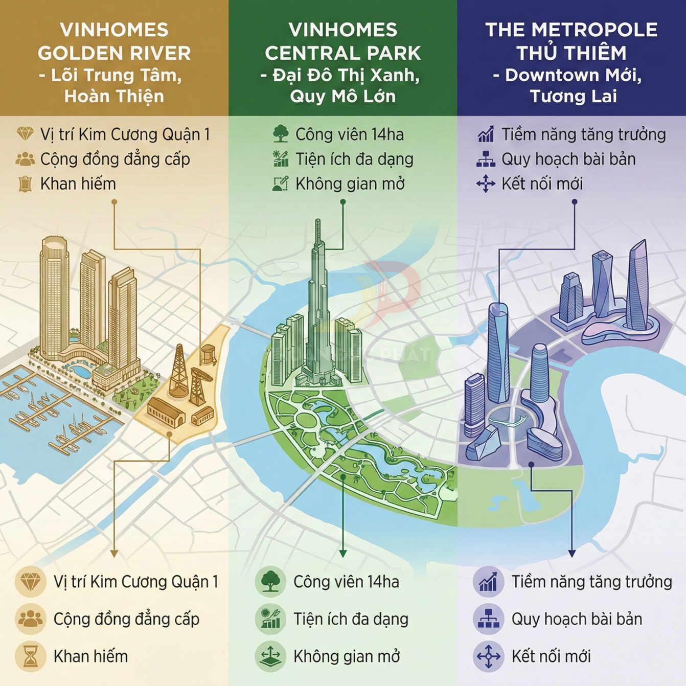 So sánh vị trí và tiện ích dự án Vinhomes Golden River, Vinhomes Central Park và The Metropole Thủ Thiêm