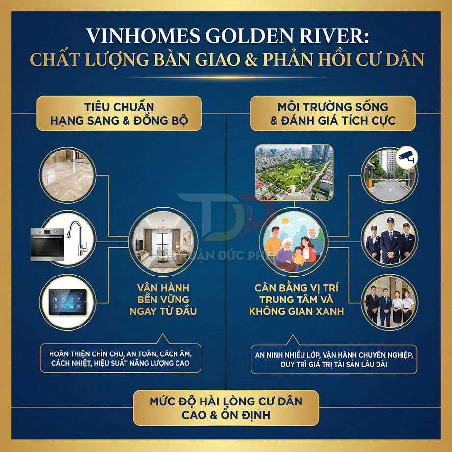 Infographic giới thiệu chất lượng bàn giao, môi trường sống và mức độ hài lòng cư dân tại Vinhomes Golden River
