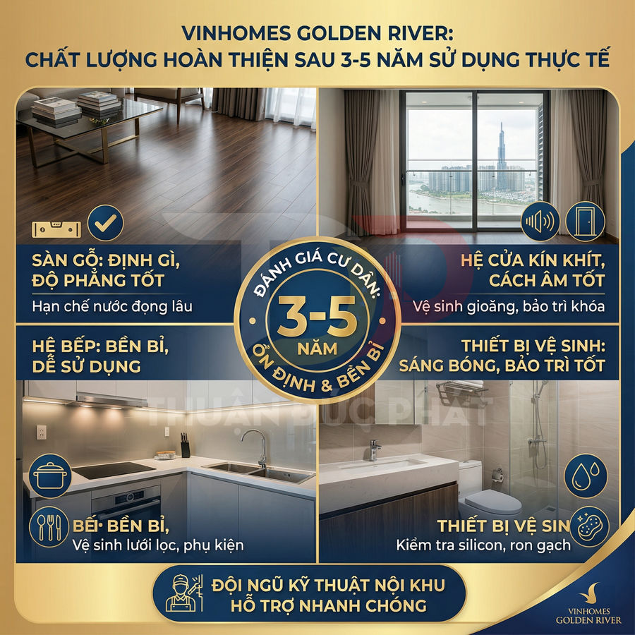 Căn hộ Vinhomes Golden River với sàn gỗ, bếp, cửa kính và thiết bị vệ sinh bền đẹp sau 3 đến 5 năm sử dụng