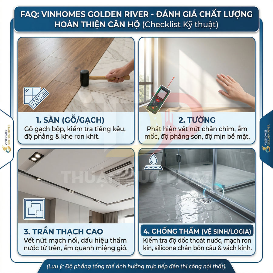 Checklist kiểm tra chất lượng hoàn thiện căn hộ Vinhomes Golden River gồm sàn, tường, trần thạch cao và chống thấm