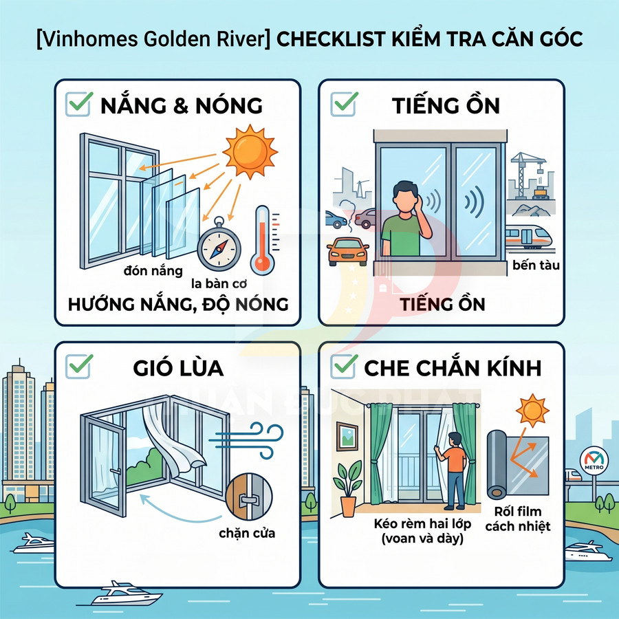 Checklist kiểm tra căn góc Vinhomes Golden River về nắng nóng, tiếng ồn, gió lùa và che chắn kính