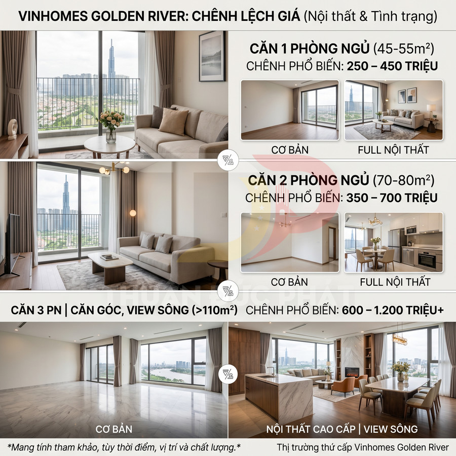 Căn hộ Vinhomes Golden River view sông so sánh giá chênh giữa nội thất cơ bản và full nội thất cao cấp