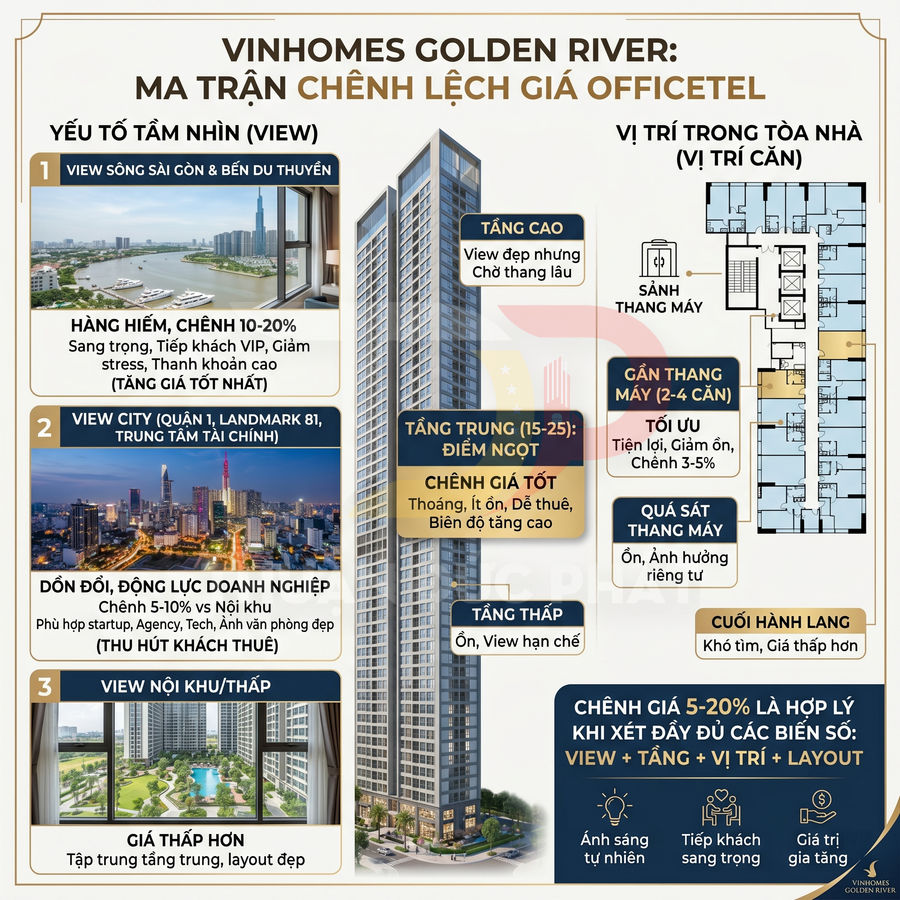 Infographic phân tích chênh lệch giá officetel Vinhomes Golden River theo view, tầng, vị trí căn và layout