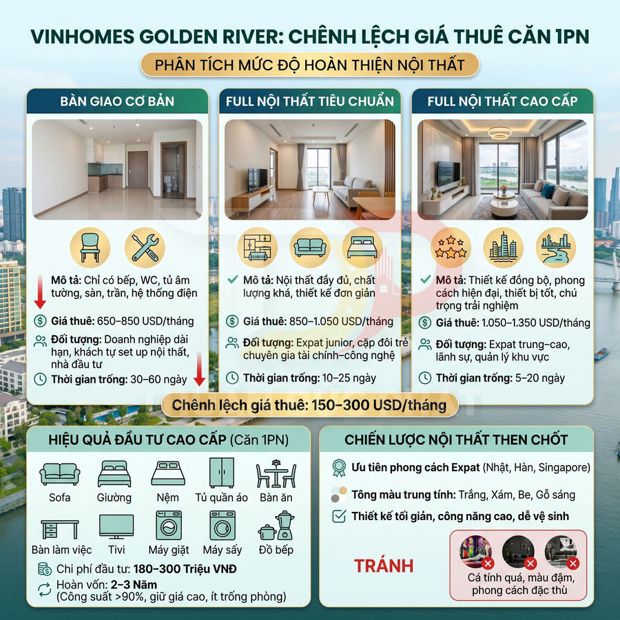 Infographic phân tích chênh lệch giá thuê căn hộ 1 phòng ngủ Vinhomes Golden River theo mức độ hoàn thiện nội thất