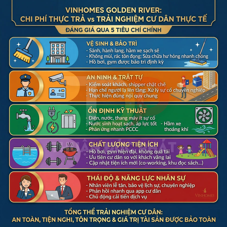Infographic giới thiệu 5 tiêu chí trải nghiệm cư dân và tiện ích tại dự án Vinhomes Golden River