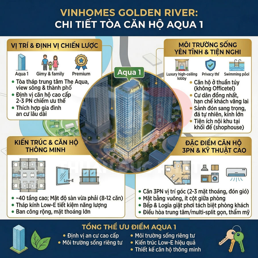 Tổng quan tiện ích và ưu điểm tòa căn hộ Aqua 1 Vinhomes Golden River với thiết kế hiện đại, vị trí trung tâm