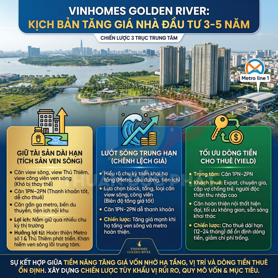 Infographic chiến lược đầu tư căn hộ Vinhomes Golden River ven sông, tối ưu tăng giá và dòng tiền cho thuê