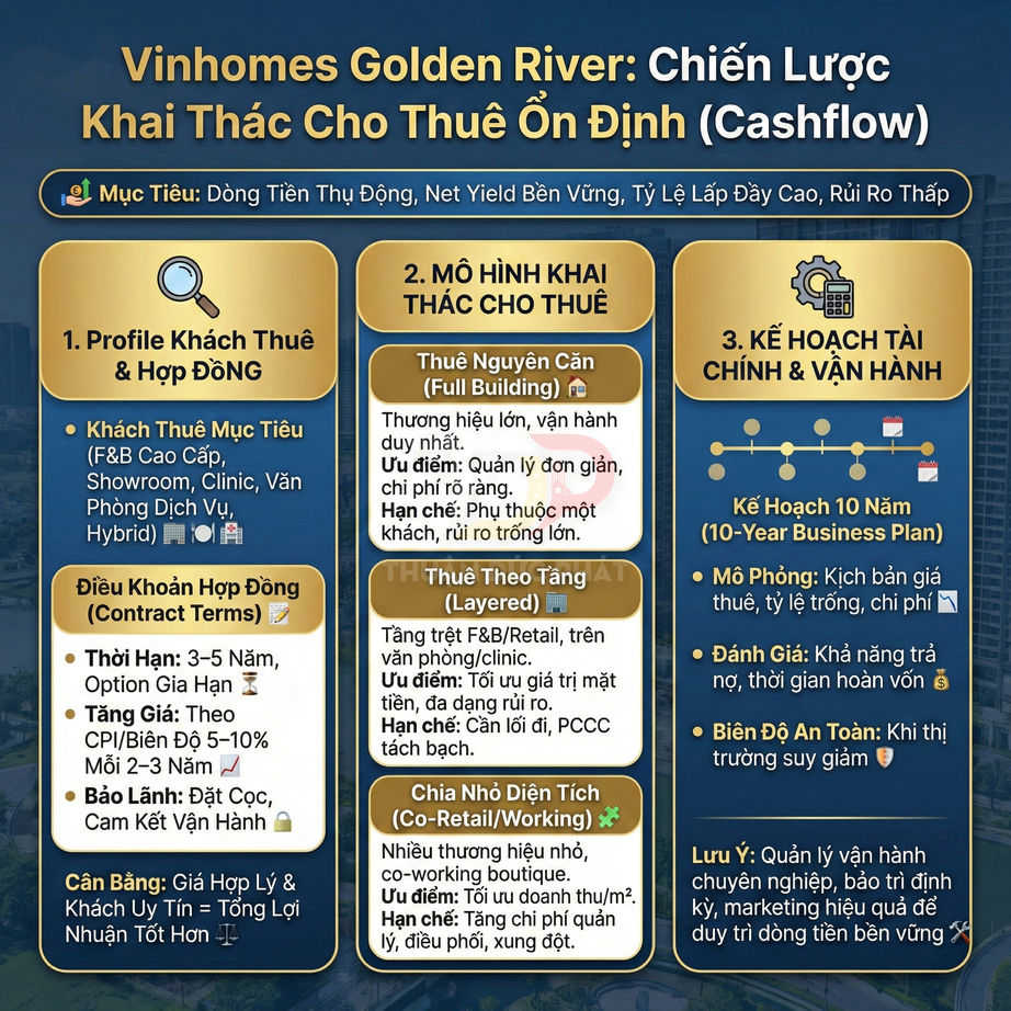 Infographic chiến lược khai thác cho thuê ổn định dự án Vinhomes Golden River với mô hình, tài chính và profile khách thuê