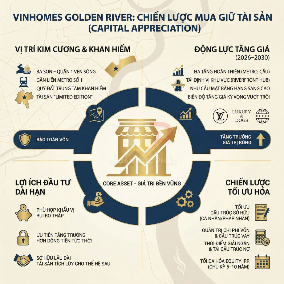 Infographic chiến lược đầu tư bất động sản Vinhomes Golden River với lợi ích dài hạn và tăng trưởng giá trị bền vững