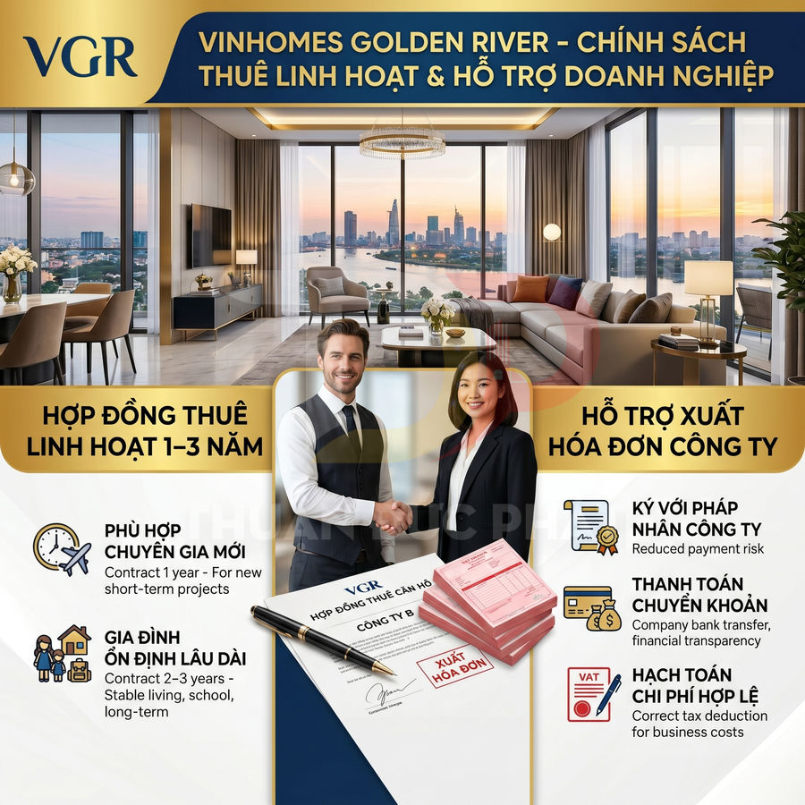Chính sách thuê căn hộ Vinhomes Golden River linh hoạt 1–3 năm, hỗ trợ xuất hóa đơn cho doanh nghiệp