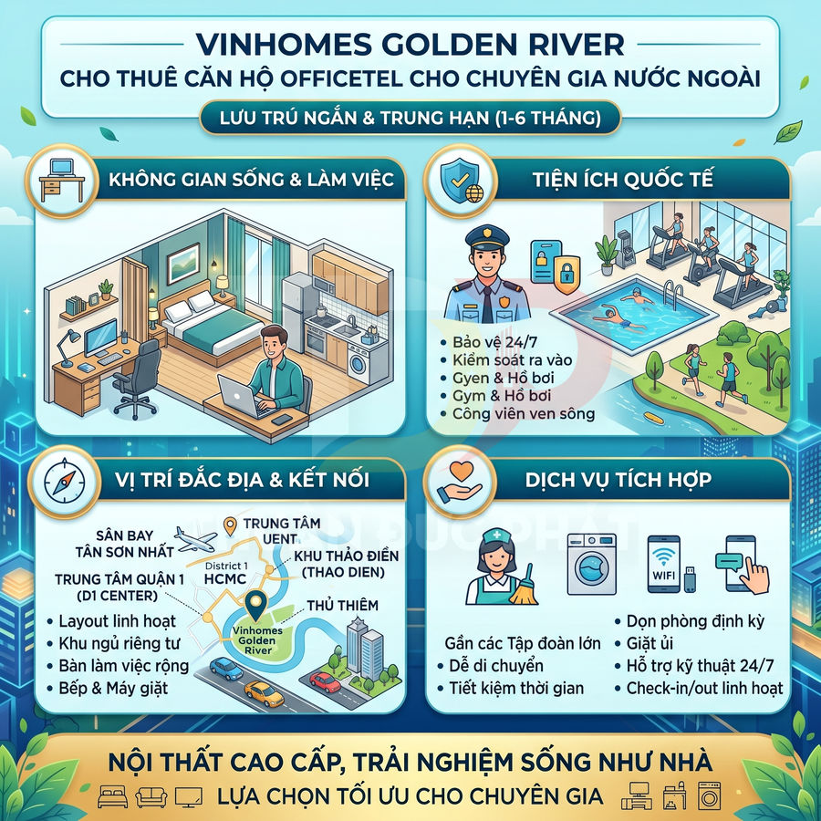 Infographic giới thiệu căn hộ officetel Vinhomes Golden River cho thuê ngắn hạn với tiện ích và dịch vụ cao cấp