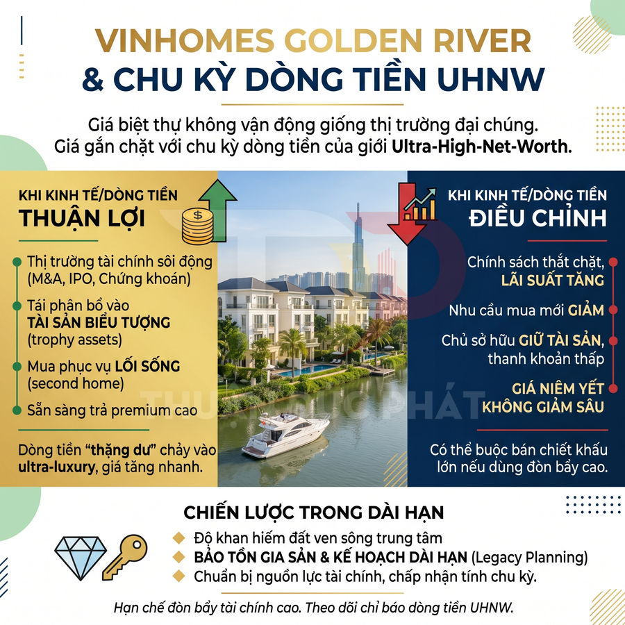 Biệt thự Vinhomes Golden River ven sông với du thuyền sang trọng và tòa nhà cao tầng phía sau
