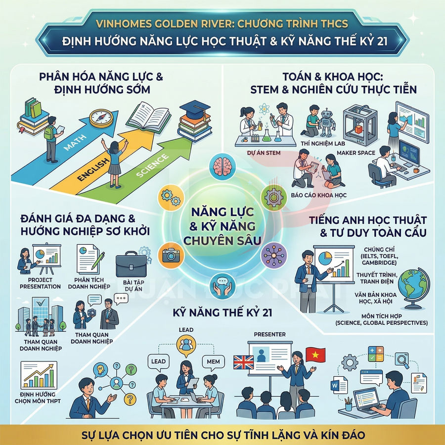 Infographic chương trình THCS Vinhomes Golden River định hướng năng lực học thuật và kỹ năng thế kỷ 21