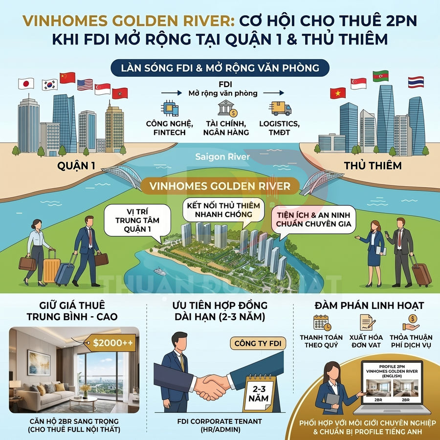 Infographic Vinhomes Golden River cơ hội cho thuê căn hộ 2 phòng ngủ cho khách FDI tại quận 1 và Thủ Thiêm