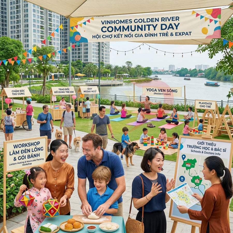Ngày hội cộng đồng Vinhomes Golden River với gia đình và trẻ em tham gia workshop làm bánh, yoga, trò chơi ngoài trời