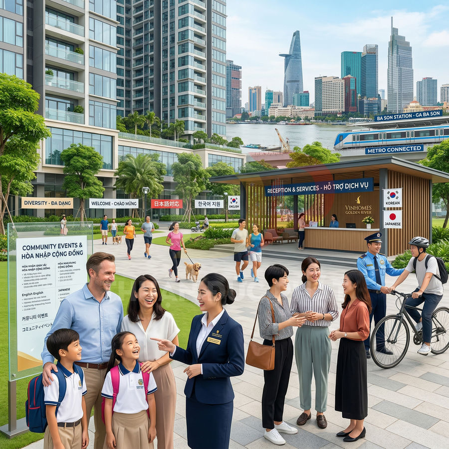 Khu căn hộ Vinhomes Golden River với quầy lễ tân hỗ trợ cư dân và gia đình nước ngoài dạo bộ trong khuôn viên