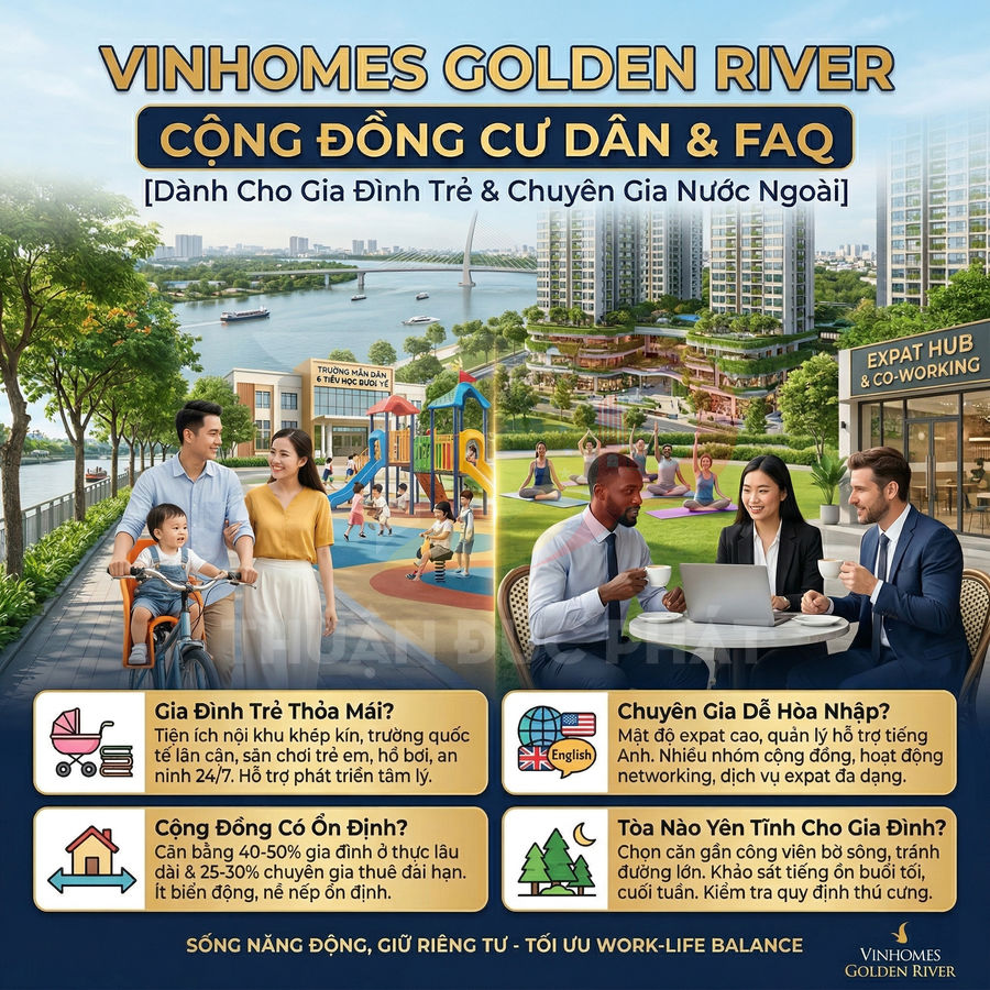 Poster giới thiệu dự án căn hộ Vinhomes Golden River cho gia đình trẻ và chuyên gia nước ngoài