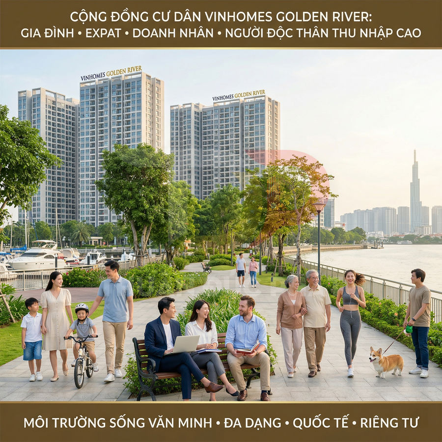 Cư dân dạo bộ ven sông trong khu căn hộ cao cấp Vinhomes Golden River hiện đại và xanh mát