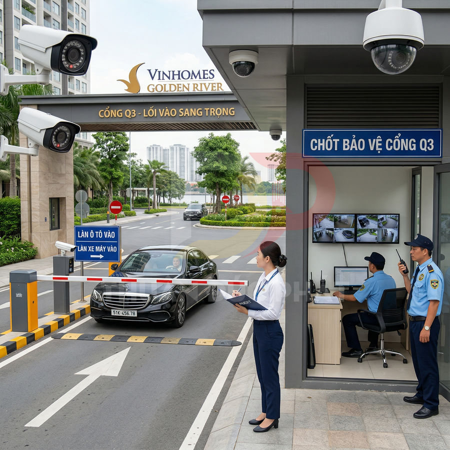 Cổng vào Vinhomes Golden River với chốt bảo vệ, barie tự động và hệ thống camera giám sát an ninh