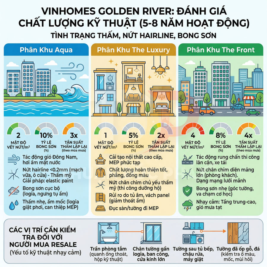 Infographic đánh giá chất lượng kỹ thuật các phân khu Vinhomes Golden River và vị trí cần kiểm tra khi mua resale