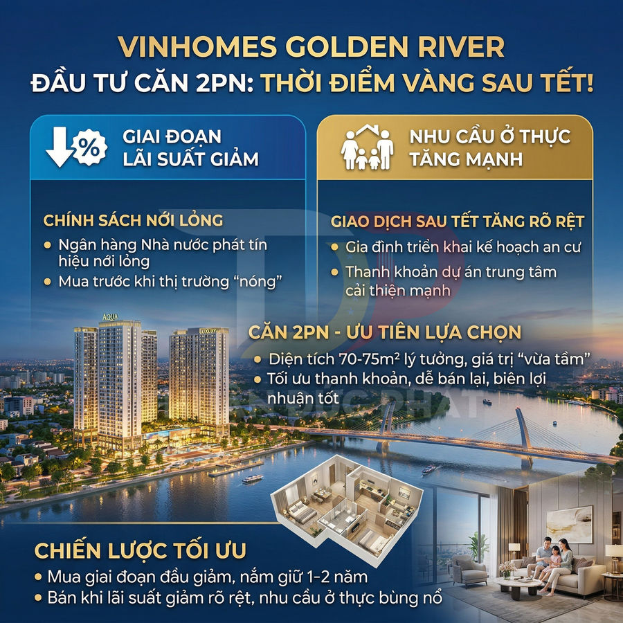 Poster quảng cáo căn hộ 2 phòng ngủ Vinhomes Golden River với hình ảnh tòa nhà, nội thất và lợi ích đầu tư