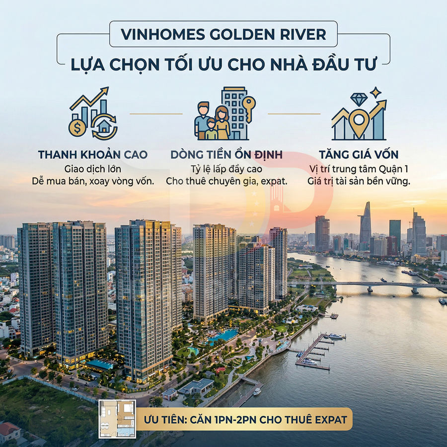 Dự án căn hộ Vinhomes Golden River ven sông Sài Gòn, nhiều tòa nhà cao tầng và tiện ích nội khu hiện đại