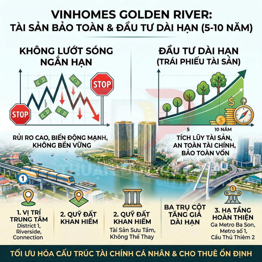 Infographic dự án căn hộ Vinhomes Golden River ven sông, nhấn mạnh đầu tư dài hạn và tiềm năng tăng giá bất động sản