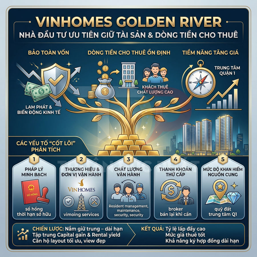 Infographic giới thiệu dự án căn hộ Vinhomes Golden River với lợi ích đầu tư và các yếu tố cốt lõi phân tích