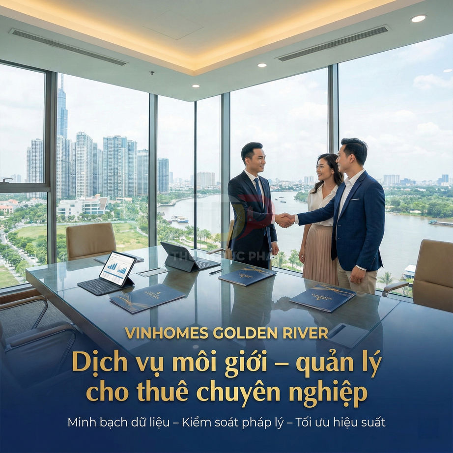 Dịch vụ môi giới quản lý cho thuê căn hộ Vinhomes Golden River, khách hàng bắt tay tư vấn viên trong phòng họp view sông