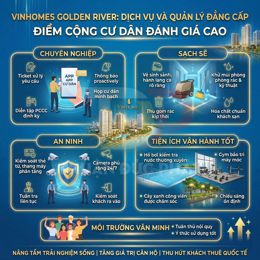 Infographic giới thiệu dịch vụ quản lý, an ninh, tiện ích và môi trường sống tại chung cư Vinhomes Golden River