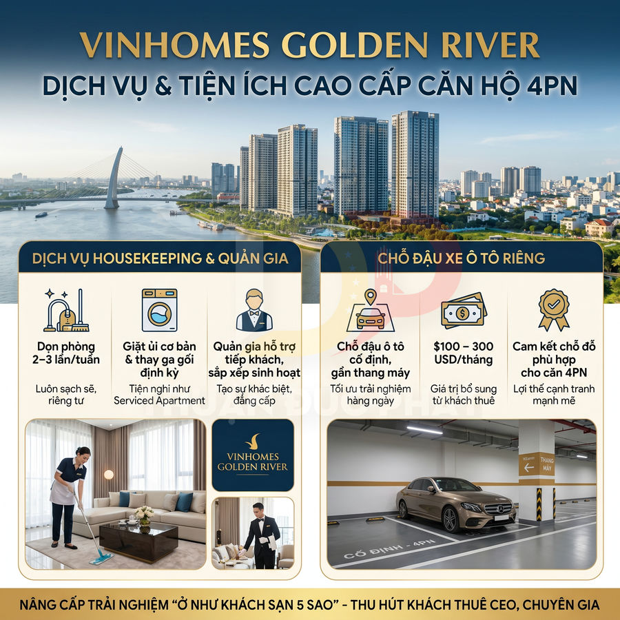 Tiện ích cao cấp căn hộ 4 phòng ngủ Vinhomes Golden River với dịch vụ housekeeping, quản gia và chỗ đậu ô tô riêng