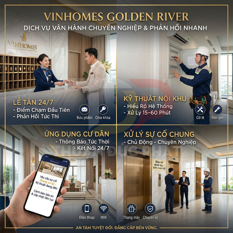 Dịch vụ vận hành chuyên nghiệp Vinhomes Golden River với lễ tân 24/7, kỹ thuật nội khu và ứng dụng cư dân