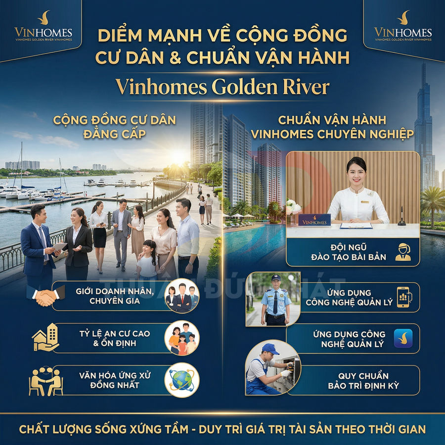 Poster giới thiệu dự án căn hộ cao cấp Vinhomes Golden River với cộng đồng cư dân và dịch vụ quản lý chuyên nghiệp
