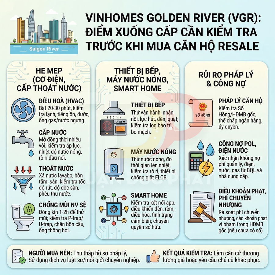 Infographic các hạng mục cần kiểm tra khi mua căn hộ Vinhomes Golden River resale, gồm hệ MEP, thiết bị bếp, pháp lý và công nợ