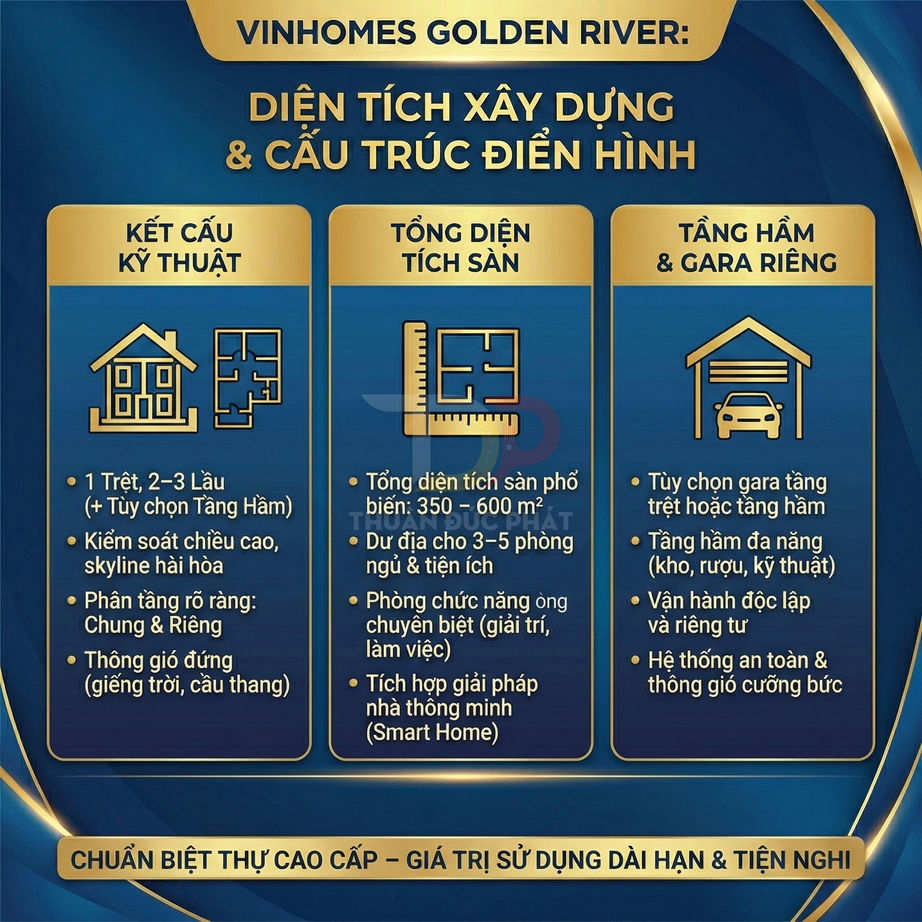 Infographic giới thiệu diện tích xây dựng và cấu trúc điển hình biệt thự Vinhomes Golden River cao cấp