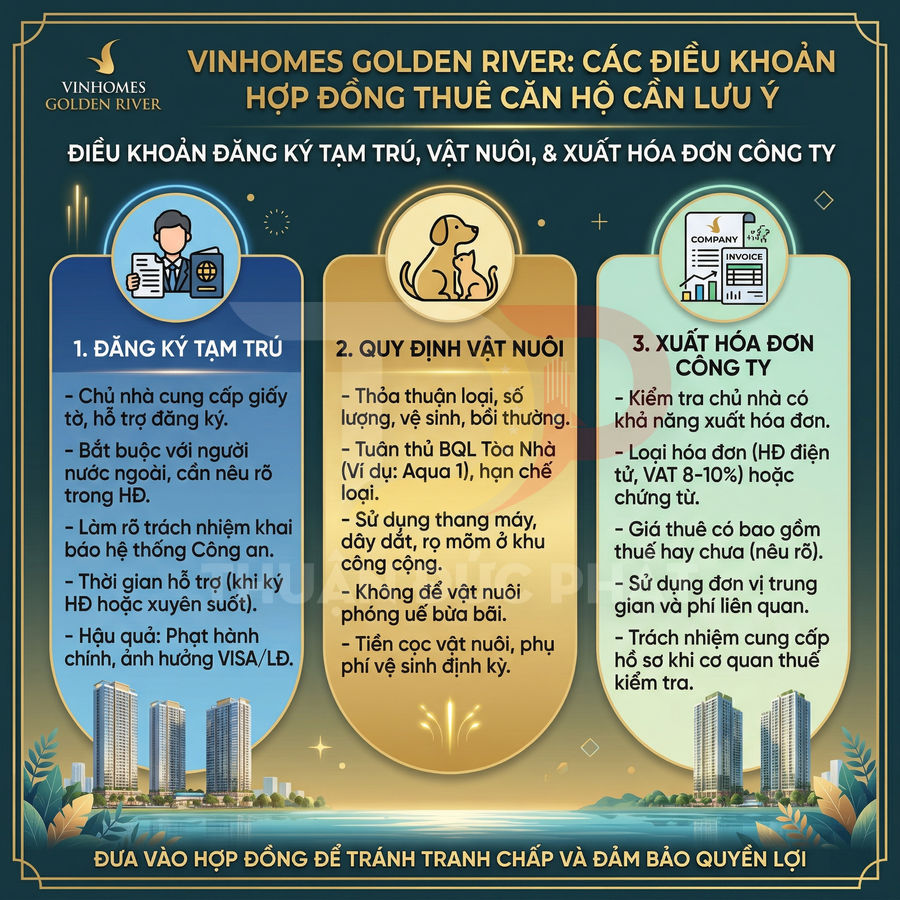 Infographic điều khoản hợp đồng thuê căn hộ Vinhomes Golden River về tạm trú, vật nuôi và xuất hóa đơn công ty