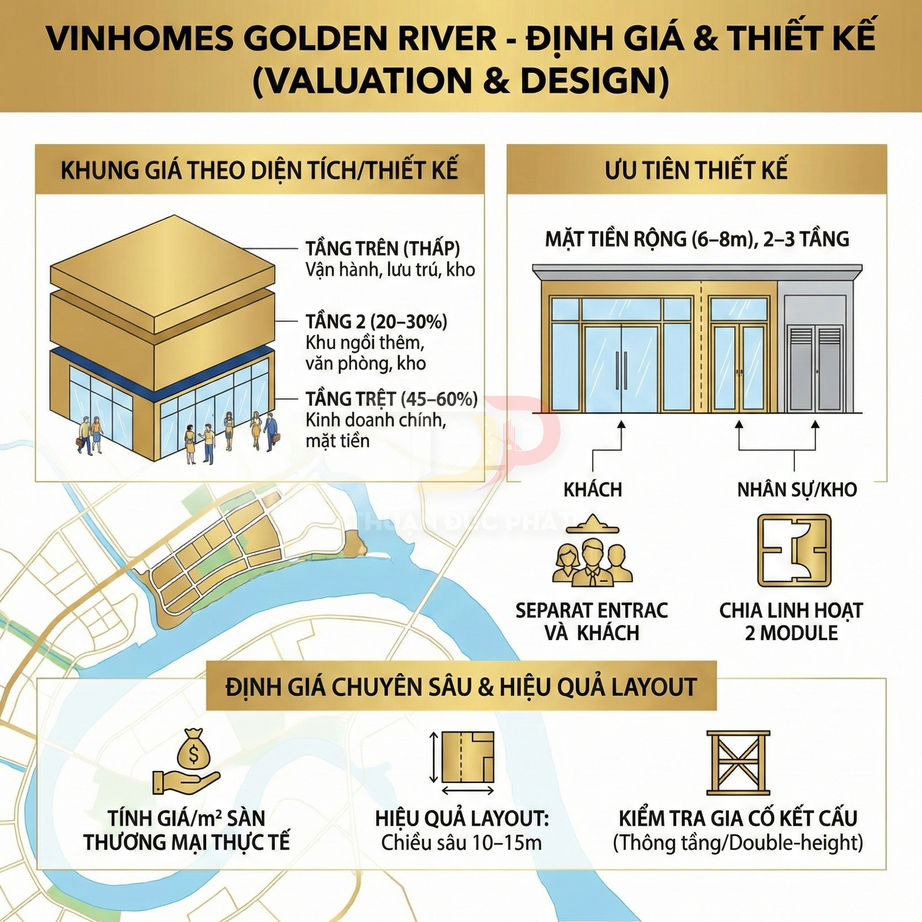 Thiết kế và định giá shophouse Vinhomes Golden River với mặt tiền rộng và bố trí không gian thương mại linh hoạt