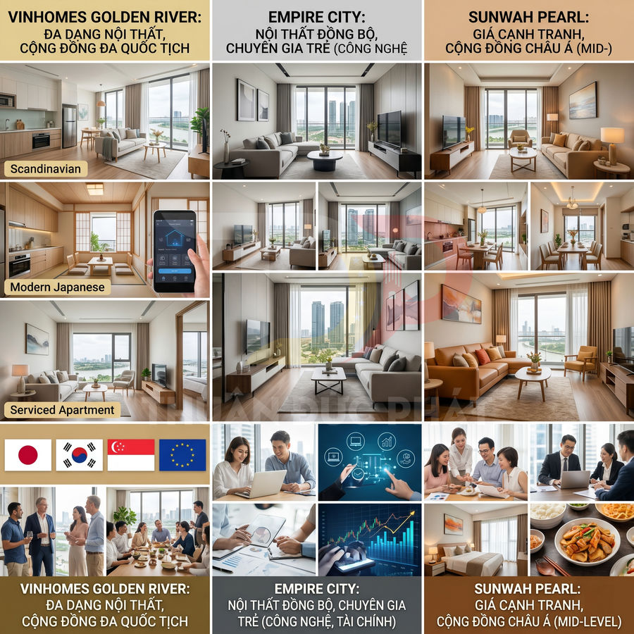 So sánh nội thất căn hộ Vinhomes Golden River, Empire City và Sunwah Pearl với phong cách và cộng đồng cư dân khác nhau