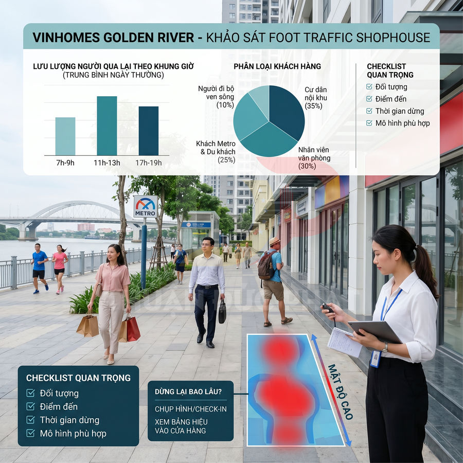 Khảo sát foot traffic shophouse Vinhomes Golden River với biểu đồ lưu lượng khách và người đi bộ trước dãy cửa hàng