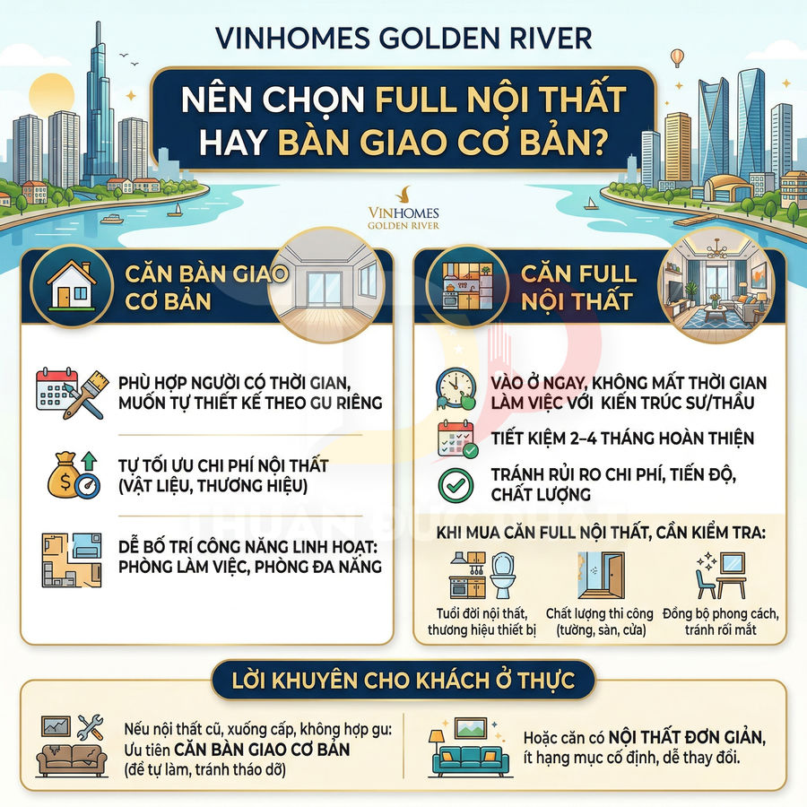 Infographic Vinhomes Golden River so sánh căn bàn giao cơ bản và căn full nội thất, nêu ưu nhược điểm cho khách mua