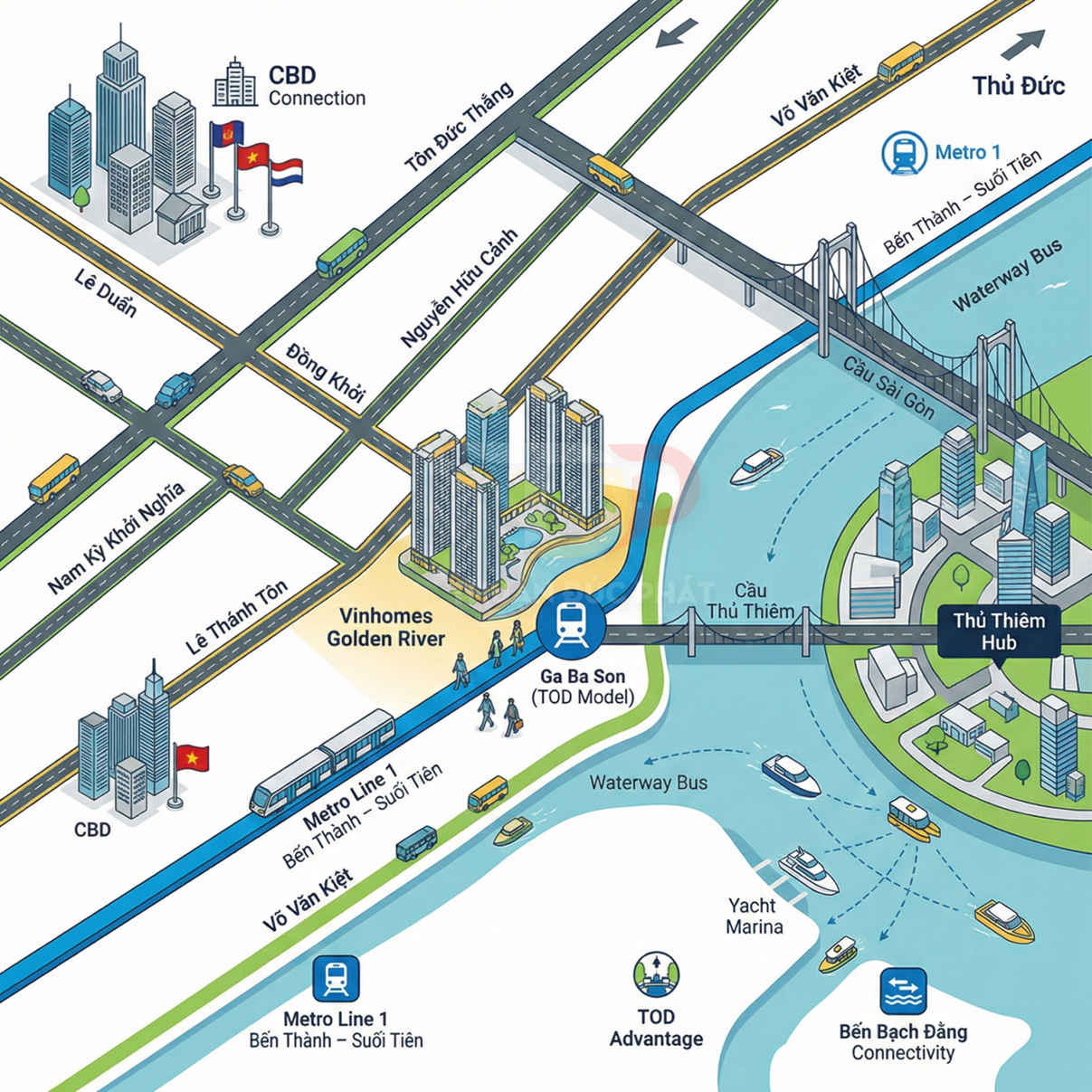 Sơ đồ vị trí Vinhomes Golden River cạnh ga Ba Son, tuyến Metro 1 và khu đô thị Thủ Thiêm trên sông Sài Gòn