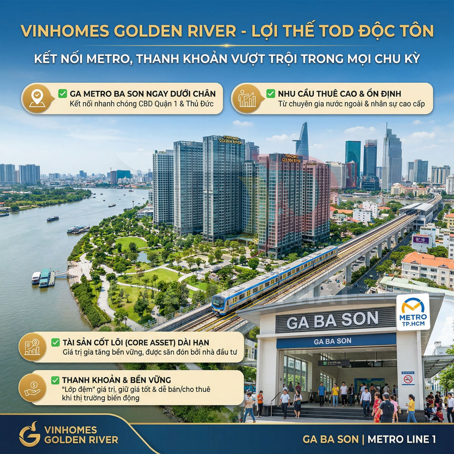 Khu căn hộ Vinhomes Golden River cạnh ga metro Ba Son và công viên ven sông tại trung tâm TP HCM